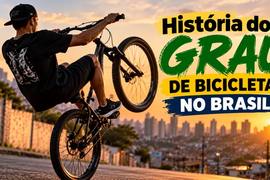 Jovem realizando grau de bicicleta em rua urbana ao pôr do sol, com o título “História do grau de bicicleta no Brasil”.