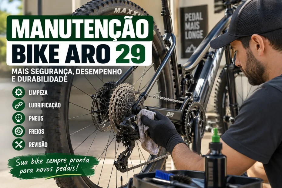 Homem fazendo manutenção em bicicleta aro 29, limpando a transmissão com ferramentas em uma oficina.