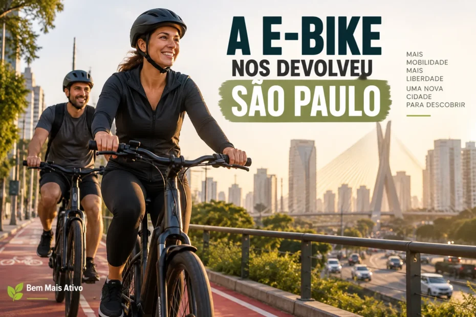 Mulher e homem pedalando bicicletas elétricas em uma ciclovia de São Paulo ao pôr do sol, com a Ponte Estaiada e prédios da cidade ao fundo.