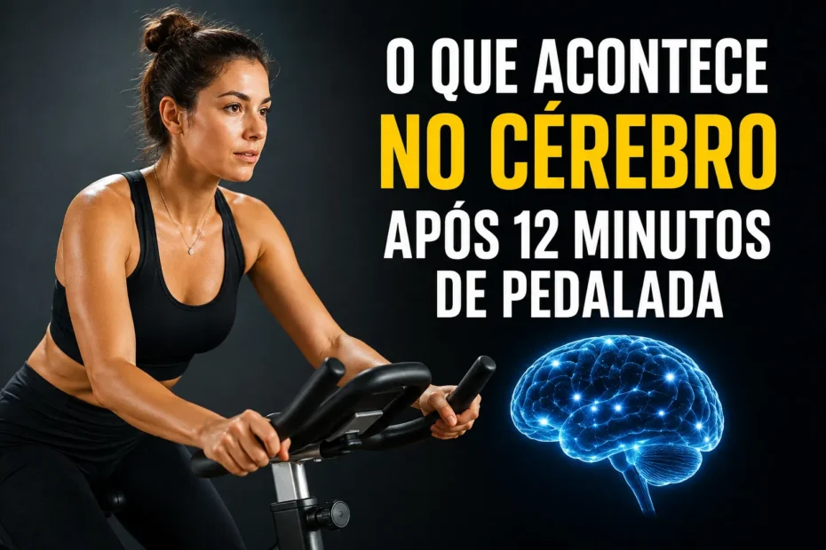 Mulher pedalando em uma bicicleta ergométrica enquanto uma ilustração de cérebro iluminado representa os efeitos da atividade física após 12 minutos de pedalada.