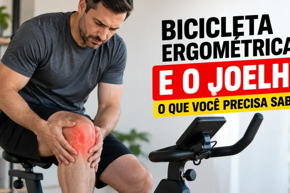 Homem adulto sentado em uma bicicleta ergométrica em casa, segurando o joelho com expressão de desconforto, destacando a relação entre bicicleta ergométrica e saúde do joelho.