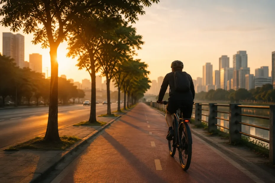 Ciclista pedalando de e-bike por uma ciclovia tranquila ao amanhecer, com árvores, rio e prédios ao fundo.