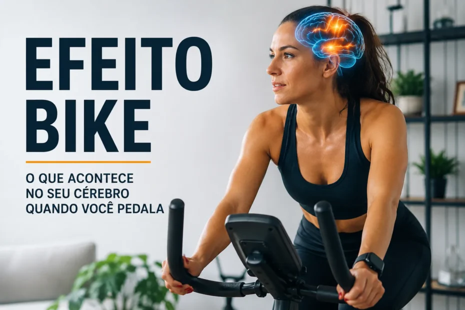 Mulher pedalando em bicicleta ergométrica em casa, com ilustração luminosa de um cérebro sobre a cabeça e o texto “Efeito Bike”.