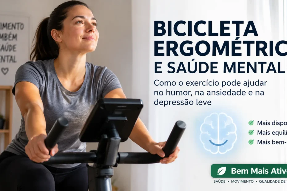 Mulher praticando exercício em bicicleta ergométrica em casa, com destaque para os benefícios da atividade física para a saúde mental.